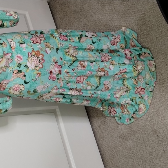 Sunday Mi Amor maxi dress light green pink printed 3 tiered size XS w split - Picture 8 of 12